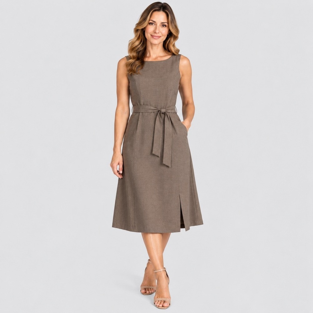 Tahari Womens 18 Brown Sleeveless Sheath Dress Belted Office Siren Quiet Luxury